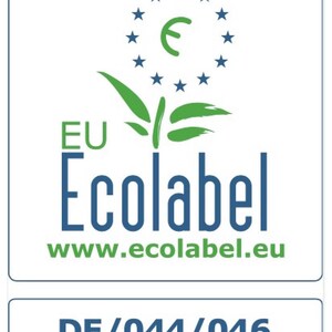 May include: EU Ecolabel certification mark with a green leaf design and a blue circle containing a euro symbol and stars. The text "EU Ecolabel" and "www.ecolabel.eu" are in blue. The text "DE/044/046" is in blue on a white background.
