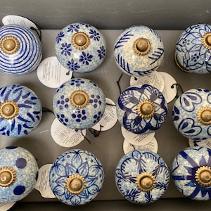 Blue Rustic Patterned Ceramic Doorknobs - 12 Varieties - Sold Individually