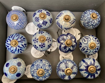 Blue Rustic Patterned Ceramic Doorknobs - 12 Varieties - Sold Individually