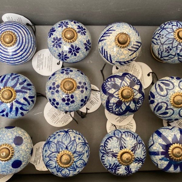 Blue Rustic Patterned Ceramic Doorknobs - 12 Varieties - Sold Individually
