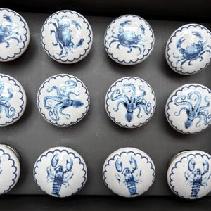 Peut inclure: Ensemble de douze boutons de placard en céramique blanche avec des motifs bleus de la vie marine. Les boutons présentent des crabes, des pieuvres et des homards, chacun avec un bord festonné. Ces boutons décoratifs sont parfaits pour une touche nautique.