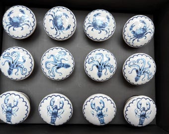 Sea Life Blue and White Door / Drawer / Cabinet Knobs Handles Crab Lobster Octopus - 3 Varieties to Choose From Sold Individually