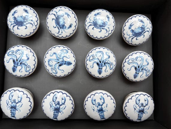 Sea Life Blue and White Door / Drawer / Cabinet Knobs Handles Crab Lobster Octopus - 3 Varieties to Choose From Sold Individually