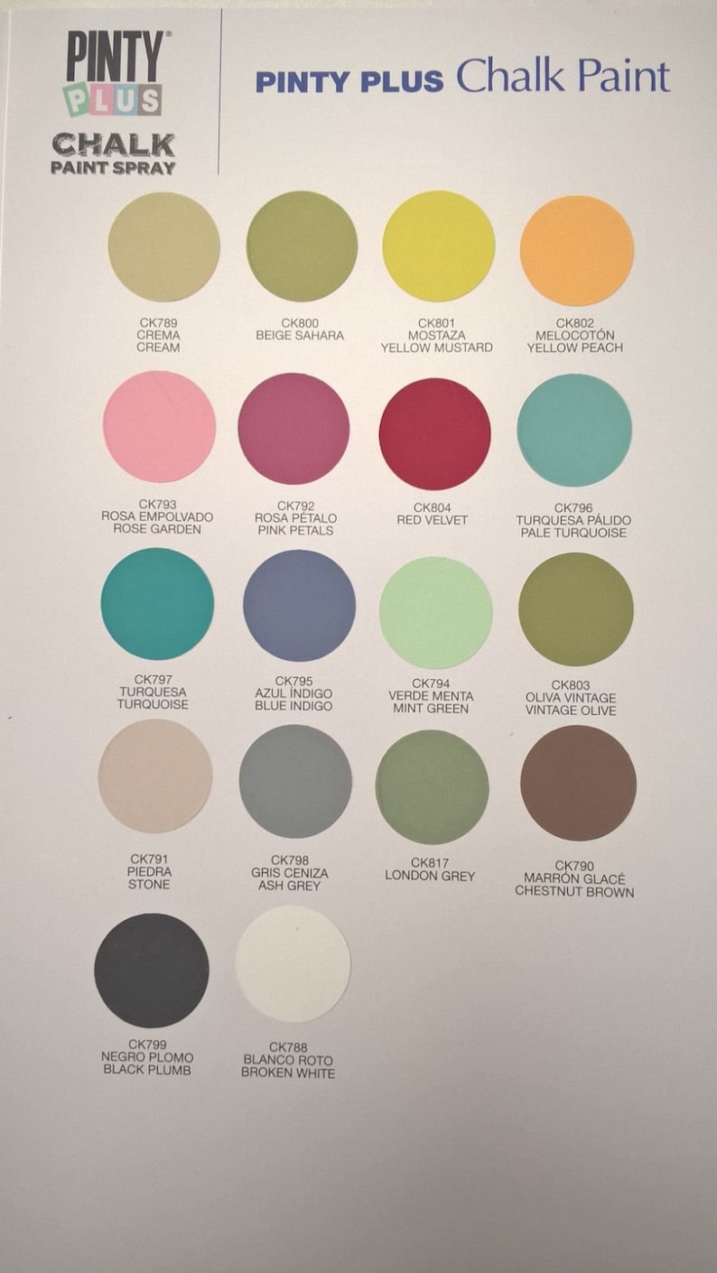 May include: A colour chart for Pinty Plus Chalk Paint Spray, showcasing various shades. The chart presents circular paint samples with names such as "Cream", "Rose Garden", and "Blue Indigo".