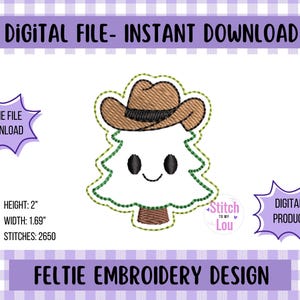 May include: An embroidered design featuring a smiling tree wearing a cowboy hat. The design is white with green trim, a brown hat, and a brown trunk. The text "DIGITAL FILE - INSTANT DOWNLOAD" and "FELTIE EMBROIDERY DESIGN" are displayed.
