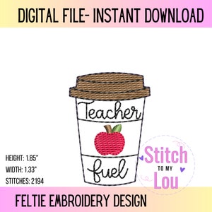 Teacher Fuel Feltie: ricamo a forma di tazza di caffè con mela (download digitale)