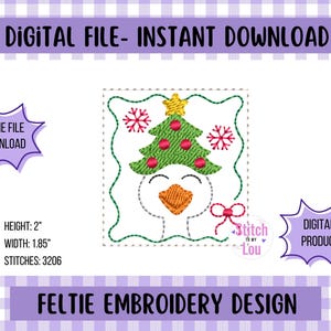 May include: A digital feltie embroidery design featuring a Christmas tree with red ornaments and a star on top, atop a smiling penguin face. The design is 2 inches high and 1.85 inches wide, with 3206 stitches. Text reads "Digital File - Instant Download" and "Feltie Embroidery Design."
