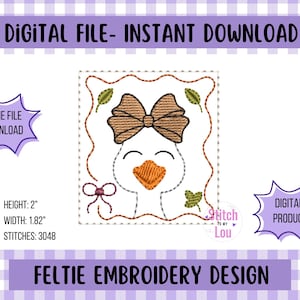 May include: A digital feltie embroidery design featuring a smiling duck with a bow, leaves, and a decorative border. The design is 2 inches high and 1.82 inches wide, with 3048 stitches. Text includes "Digital File - Instant Download" and "Feltie Embroidery Design."