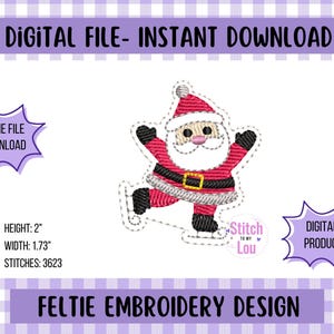 May include: A digital feltie embroidery design featuring Santa Claus ice skating. The design is red, black, white, and tan. The image includes the text "DIGITAL FILE - INSTANT DOWNLOAD" and "FELTIE EMBROIDERY DESIGN".