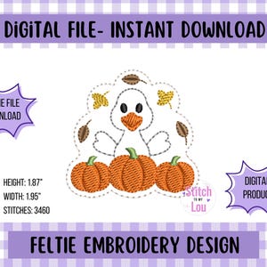 May include: A digital feltie embroidery design featuring a white duck with orange pumpkins and fall leaves. The design is 1.87 inches high and 1.95 inches wide, with 3460 stitches. Text includes "Digital File - Instant Download" and "Feltie Embroidery Design."