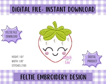 Descarga de bordado de fresa kawaii en fieltro, diseño de bordado de máquina de frutas en fieltro, descarga instantánea de archivos