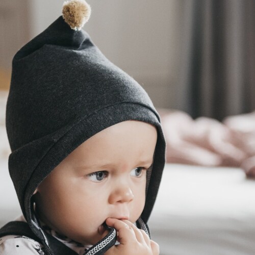 Baby Hat Dark Gray With Mustard Pom Pom Baby Boy Dwarf Hat Etsy