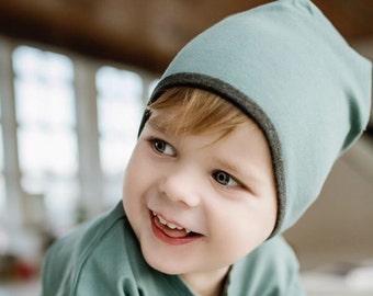 BEANIE - Organic cotton Baby Toddler Kids Beanie Hat [Ocean Blue / Dark gray]