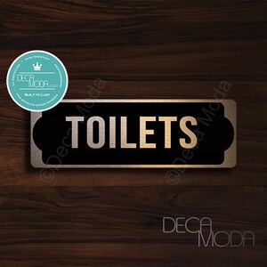 Brushed Copper Toilets Sign: Weatherproof Restroom Door Sign (9 x 3 inches)
