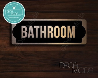 BATHROOM DOOR SIGN, Brushed Copper Bathroom Sign, Copper Black Bathroom Door Signs, Toilet Sign, Restroom Signs, 9 x 3 inches