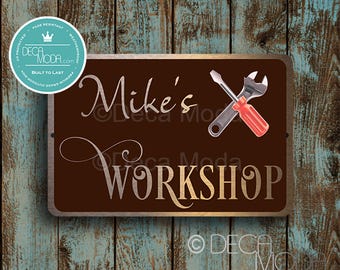 Personalized Workshop Sign: Brushed Bronze Copper Finish, Custom Metal Sign