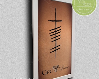 Ogham Love Sign: Irish Celtic Art, Brushed Metal, Wood Frame