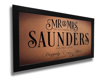 Personalized Mr & Mrs Wedding Sign: Walnut Frame, Brushed Metal