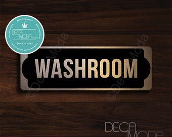 Letrero de cobre cepillado para puerta de baño: Letrero resistente a la intemperie para baño (9 x 3 pulgadas)