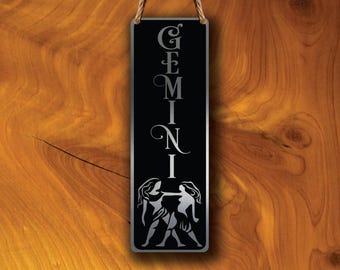 Gemini Zodiac Sign Wall Art: Brushed Silver Hanging Plaque