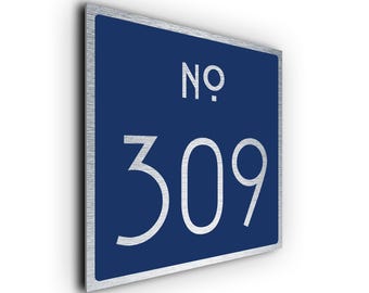 Navy Brushed Metal Room Number Sign: Custom Apartment Door Plaque