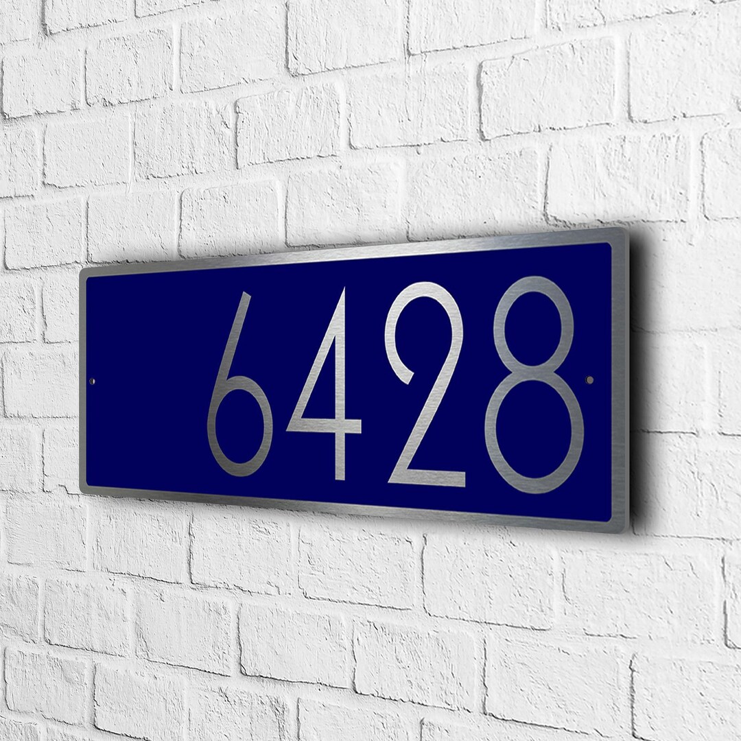 Blue Address Sign, Weatherproof House Number Plaque With Brushed Silver ...