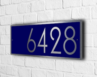 Blue Address Sign, Weatherproof House Number Plaque with Brushed Silver Numbers