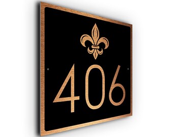 Fleur De Lis House Number Sign: Brushed Aluminum Outdoor Plaque