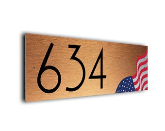 USA Flag Address Sign: Brushed Metal House Number