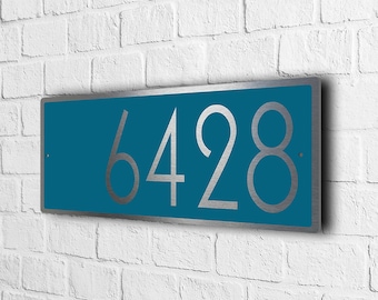 Weatherproof Teal Address Sign, Brushed Silver Custom House Number Plaque