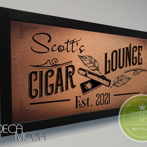 PERSONALIZED CIGAR LOUNGE Sign, Cigar Lounge Sign, Custom Signs, Cigar Bar Sign, Brushed Metal Finish, Wood Frame, Custom Cigar Lounge Signs