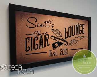 PERSONALIZED CIGAR LOUNGE Sign, Cigar Lounge Sign, Custom Signs, Cigar Bar Sign, Brushed Metal Finish, Wood Frame, Custom Cigar Lounge Signs