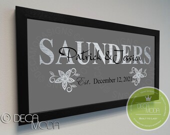Personalized Family Name Sign: Brushed Metal, Walnut Frame