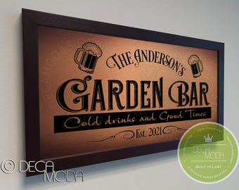 Personalized Garden Bar Sign: Brushed Metal Finish, Wood Frame