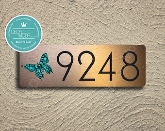 BUTTERFLY ADDRESS SIGN,  Outdoor Number Sign, Weatherproof Signs, Brushed Copper Finish, Butterfly Door Numbers, Butterfly Address Signs