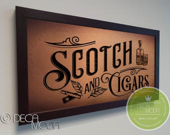 Scotch and Cigars Bar Schild: Gebürstetes Metall-Finish, Walnuss-Rahmen