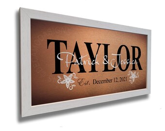 Personalized Surname Wedding Sign: Walnut Wood Frame, Brushed Metal