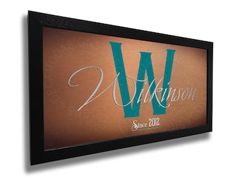 Personalized Anniversary Sign: Family Name, Brushed Metal, Walnut Frame