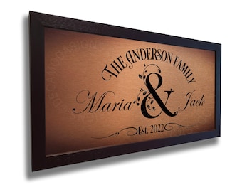 Personalized Wedding Sign: Family Name, Walnut Frame, Brushed Metal