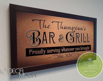 Letrero personalizado para bar y restaurante: Marco de madera de nogal, metal cepillado.