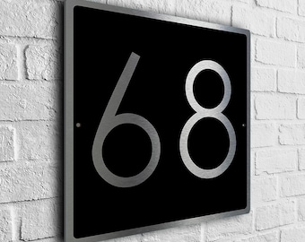 Modern Black and Brushed Silver Address Sign, Weatherproof Square House Number Plaque