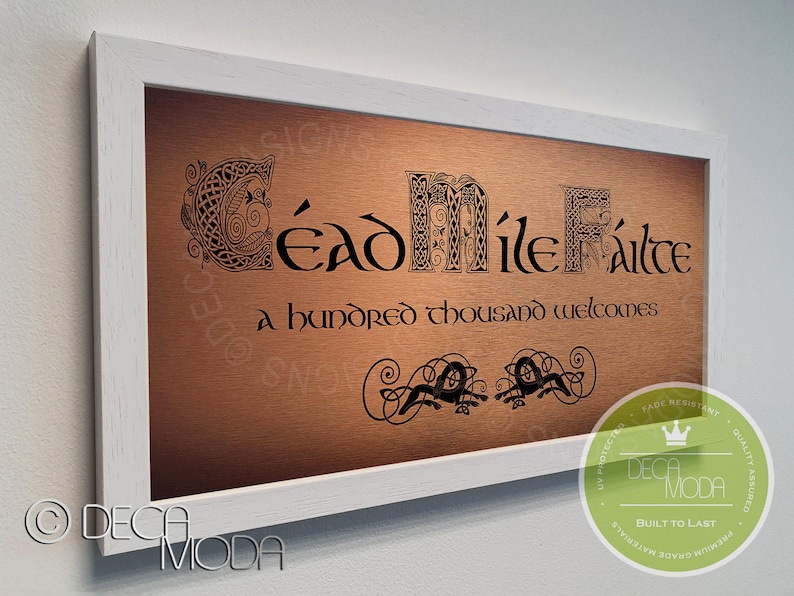 Cead Mile Failte Schild: Irish Welcome, Gebürstetes Metall, Holzrahmen Bild 2