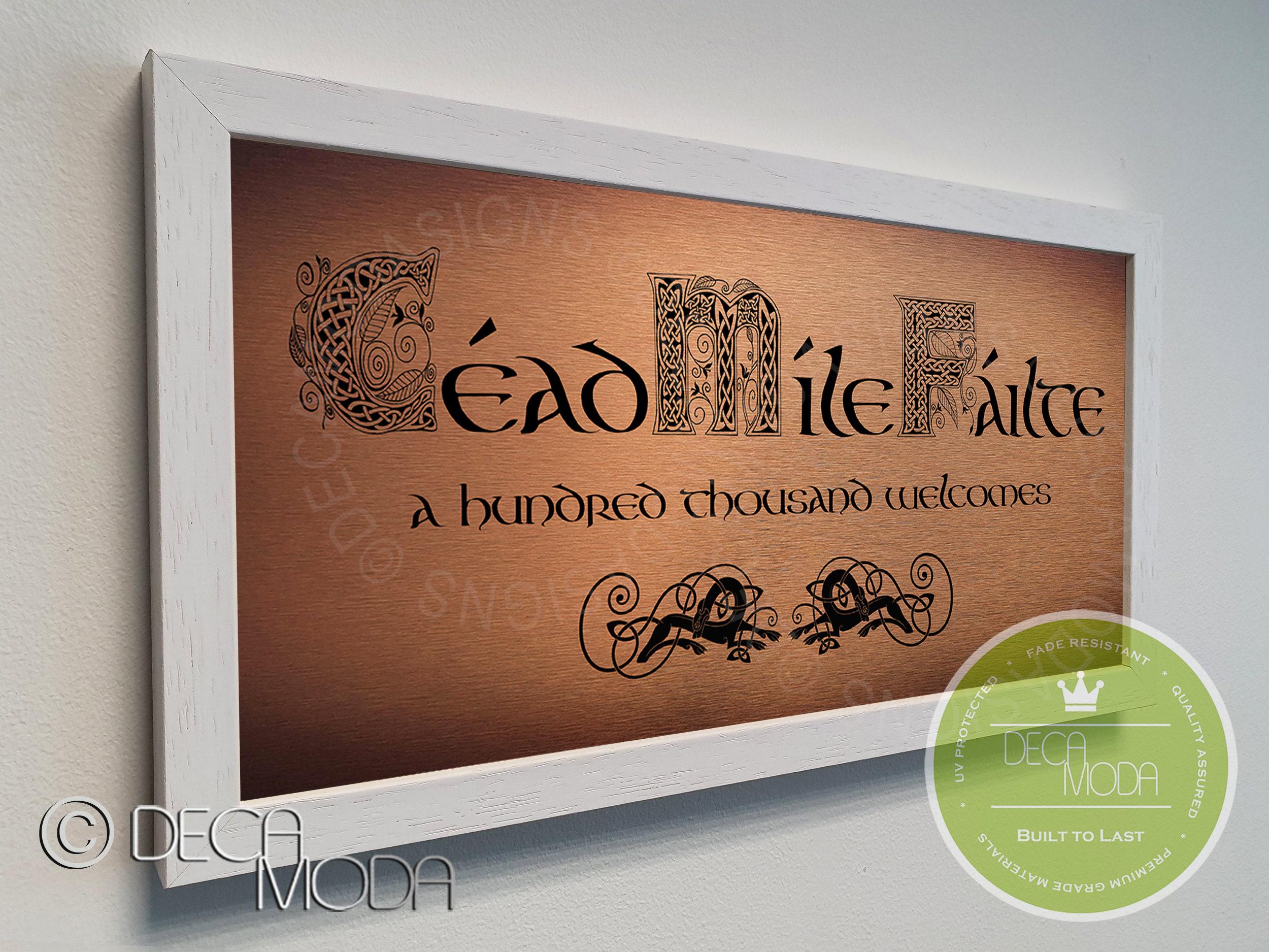 Cead Mile Failte Sign: Irish Welcome, Brushed Metal, Wood Frame