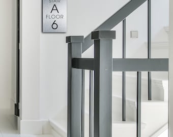 Custom Stair Sign: Brushed Silver Metal Wayfinding Sign