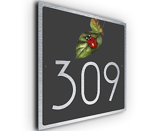 Ladybug House Number Sign: Aluminum Outdoor Address Plaque