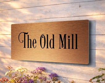 Custom Brushed Copper House Name Sign – Weatherproof Aluminium Composite Plaque – Classic Outdoor Home Sign