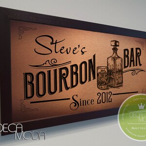 GEPERSONALISEERDE BOURBON-barbord, barbord, aangepaste borden, geborstelde metalen afwerking, houten frame, aangepaste bourbonbar, bardecor, bourbonbar
