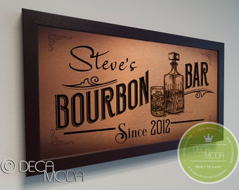 PERSONALIZED BOURBON Bar Sign, Bar Sign, Custom Signs, Brushed Metal Finish, Wood Frame, Custom Bourbon Bar, Bar Decor, Bourbon Bar