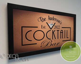 Personalized Cocktail Bar Sign: Brushed Metal Finish, Walnut Frame