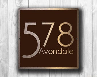 Brushed Copper House Number Sign, Weatherproof Square Address Plaque